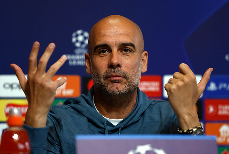 Manchester City manager Pep Guardiola during a press conference at the Manchester City Press Conference at the Etihad Campus in Manchester, Britain on 10 April 2023