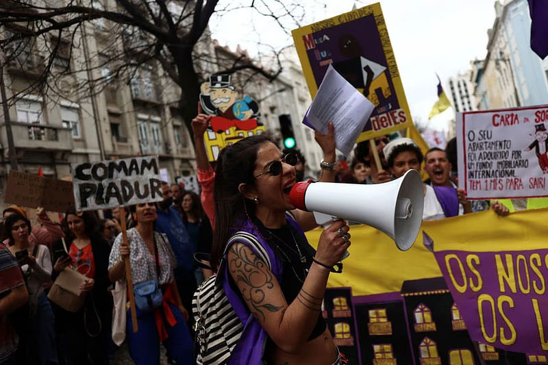 People demonstrate for the right to affordable housing in Lisbon, Portugal, on 1 April, 2023.