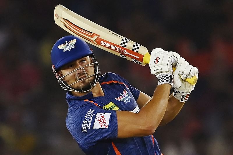 ucknow Super Giants' Kyle Mayers plays a shot during the Indian Premier League match between Punjab Kings and Lucknow Super Giants at the Punjab Cricket Association Stadium in Mohali on 28 April 2023