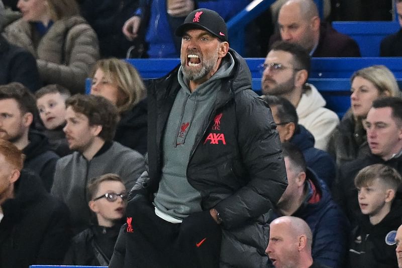 Liverpool's German manager Jurgen Klopp gestures on the touchline during the English Premier League match against Chelsea