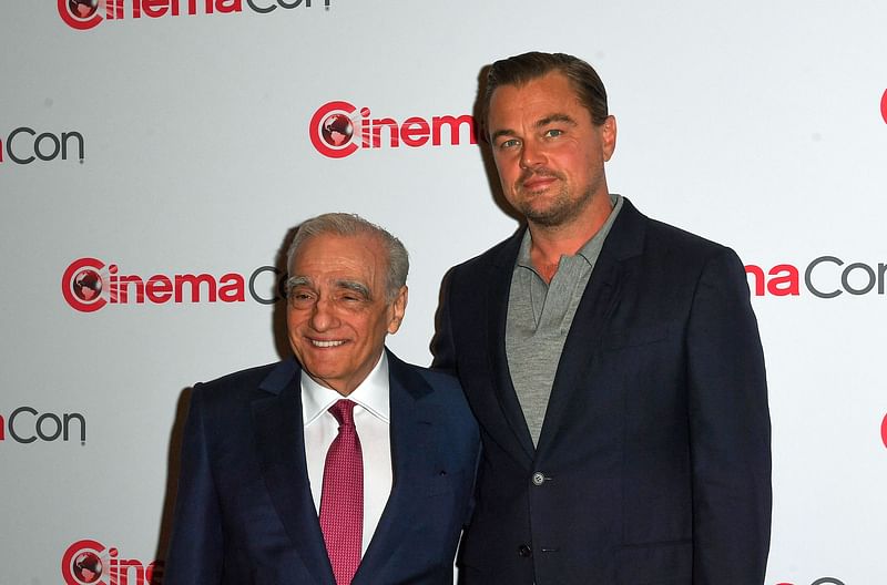 US film director Martin Scorsese (L), recipient of the Legend of Cinema Award, and US actor Leonardo DiCaprio arrive for the Big Screen Achievement Awards during CinemaCon 2023 at Caesars Palace in Las Vegas, Nevada, on 27 April, 2023