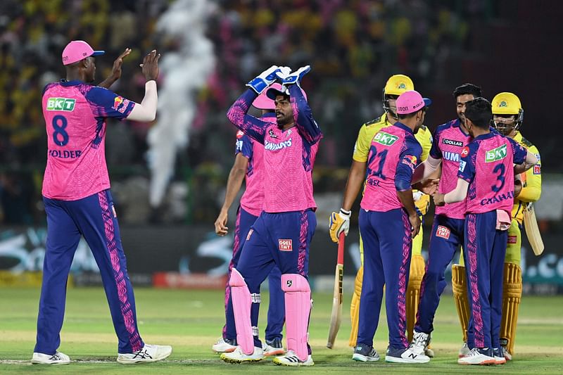 Rajasthan Royals' players celebrate after winning the Indian Premier League match between Rajasthan Royals and Chennai Super Kings at the Sawai Mansingh Stadium in Jaipur on 27 April 2023