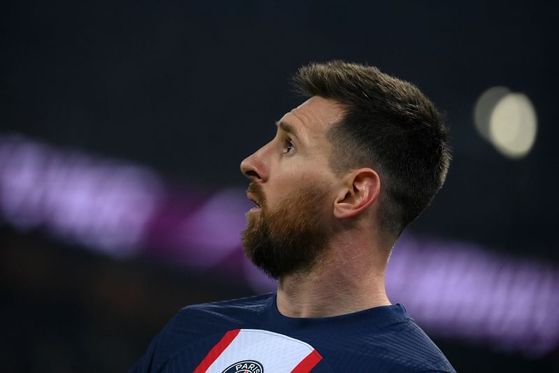 Paris Saint-Germain's Argentine forward Lionel Messi looks on during the French L1 football match between Paris Saint-Germain (PSG) and Olympique Lyonnais (OL) at The Parc des Princes Stadium in Paris on 2 April, 2023