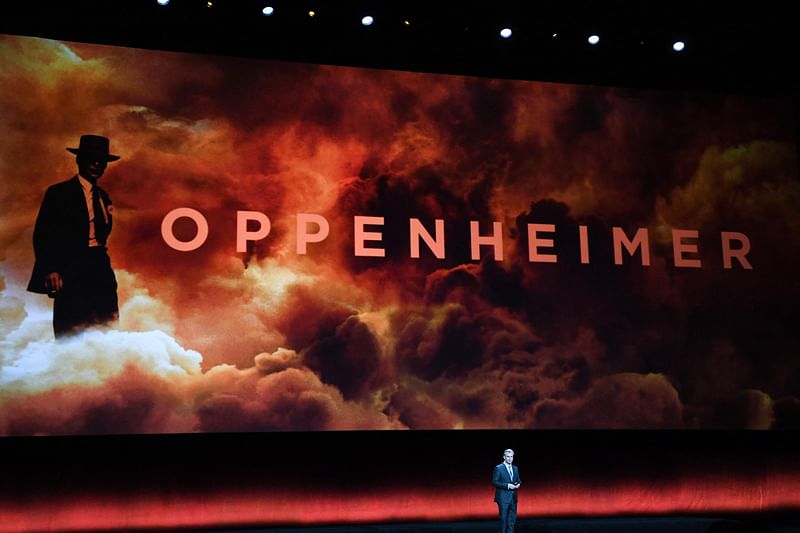 British director Christopher Nolan speaks on stage about his movie 'Oppenheimer' during Universal Pictures and Focus Features presentation at CinemaCon 2023, the official convention of the National Association of Theatre Owners (NATO), at The Colosseum at Caesars Palace on 25 April, 2023 in Las Vegas, Nevada.