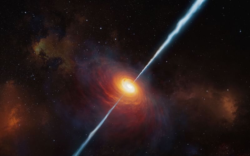 This handout photo made available by the European Southern Observatory on 5 March, 2021 shows an artist's impression of how the distant quasar P172+18 and its radio jets may have looked.