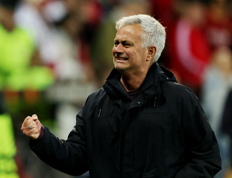 AS Roma coach Jose Mourinho gets emotional after his side defeated Bayer Leverkusen to reach the final of the UEFA Europa League at the BayArena in Leverkusen, Germany on 18 May 2023