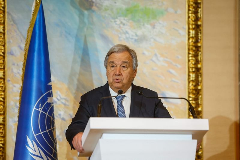 UN chief Antonio Guterres addresses international envoys during talks on Afghanistan in Doha, on 2 May, 2023