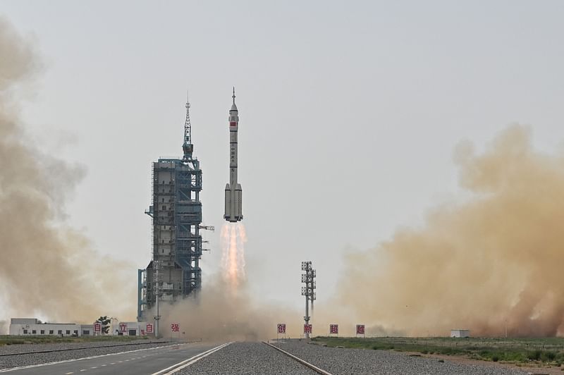 Long March-2F rocket, carrying the Shenzhou-16 Manned Space Flight Mission, lifts off from the Jiuquan Satellite Launch Centre in China’s northwestern Gansu province, on 30 May 2023, heading to the Tiangong space station