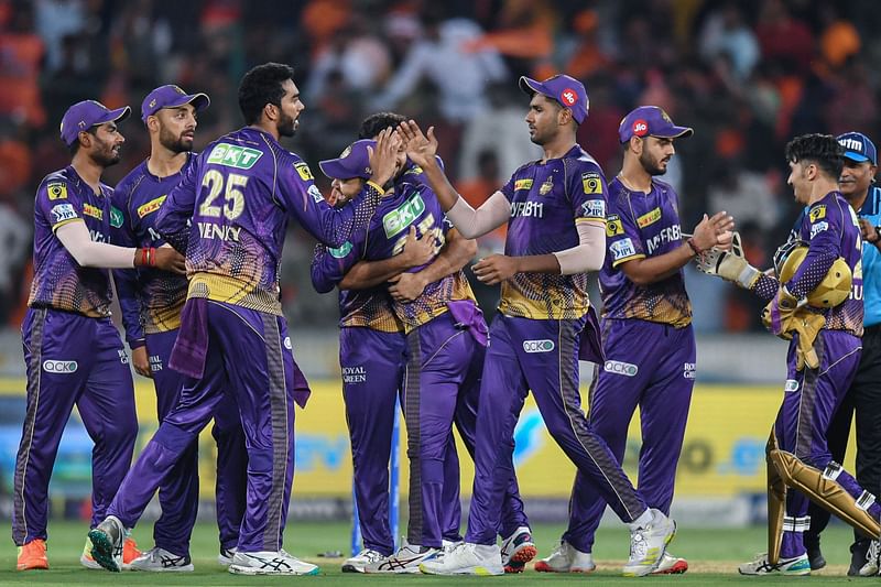 Kolkata Knight Riders’ players celebrate after winning the Indian Premier League (IPL) Twenty20 cricket match between Sunrisers Hyderabad and Kolkata Knight Riders at the Rajiv Gandhi International Cricket Stadium in Hyderabad on 4 May, 2023