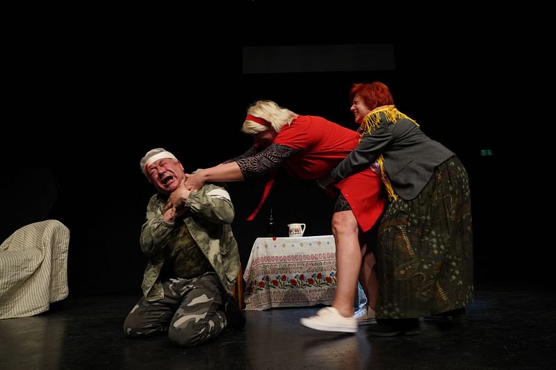 Ukrainian Actress Tetyana Zinovenko (R-L), Ukrainian Actress Oksana Achiam and Ukrainian Actor Anatoli Zinovenko perform during a rehearsal of the play ’Special Operation’ at Katapult Theatre in Aarhus, Denmark on 20 May, 2023.