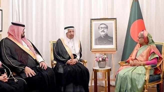 Saudi Arabian Minister of Investment Khalid A. Al-Faliah and Minister of Economy and Planning Faisal Alibrahim jointly call on Prime Minister Sheikh Hasina at her place of residence in Doha on 23 May, 2023