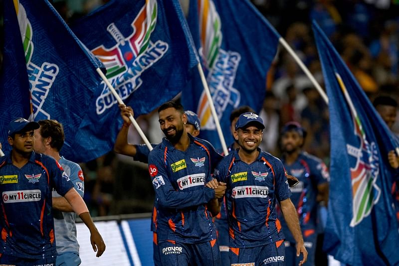 Lucknow Super Giants' Krunal Pandya along with his teammates gestures to the crowd after his teams win in the Indian Premier League match between Mumbai Indians and Lucknow Super Giants at the Ekana Cricket Stadium in Lucknow on 16 May 2023