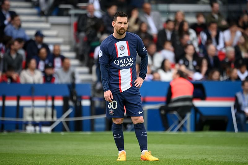 Paris Saint-Germain's Argentine forward Lionel Messi reacts during the French L1 football match between Paris Saint-Germain (PSG) and FC Lorient at The Parc des Princes Stadium in Paris on April 30, 202