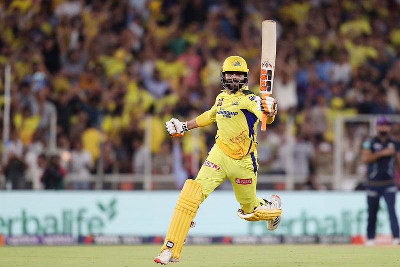 Chennai Super Kings batsman Ravindra Jadeja celebrates after hitting the winning runs in the final of the Indian Premier League 2023 against Gujarat Titans at the Narendra Modi Stadium in Ahmedabad, India on 30 May 2023