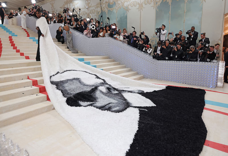 Jeremy Pope poses at the Met Gala, an annual fundraising gala held for the benefit of the Metropolitan Museum of Art's Costume Institute with this year's theme "Karl Lagerfeld: A Line of Beauty", in New York City, New York, US, 1st May, 2023.