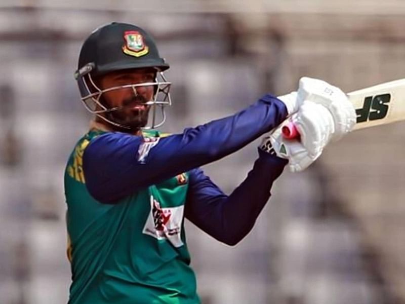 Sheikh Jamal Dhanmondi Club's Saif Hasan plays a shot during their Super League match of the DPL against Prime Bank Cricket Club at the Sher-e-Bangla National Cricket Stadium in Dhaka on 7 May 2023