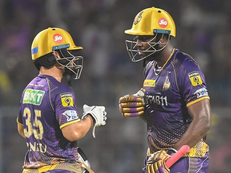 Kolkata Knight Riders' Andre Russell and Rinku Singh bump fists during the Indian Premier League match between Kolkata Knight Riders and Punjab Kings at the the Eden Gardens Stadium in Kolkata on 8 May 2023