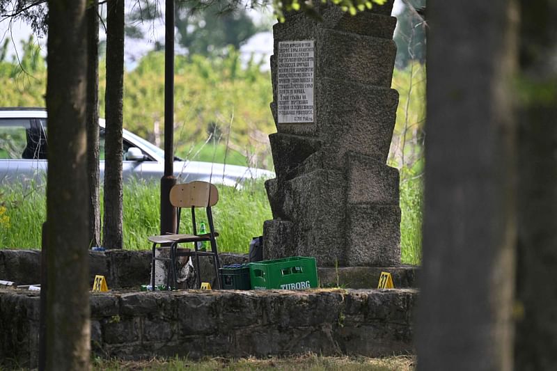 This photograph shows one of the crime scenes, outside of the village of Dubona near the town of Mladenovac, about 60 kilometres (37 miles) south of Serbia's capital Belgrade, on 5 May 2023, in the aftermath of a drive-by shooting.