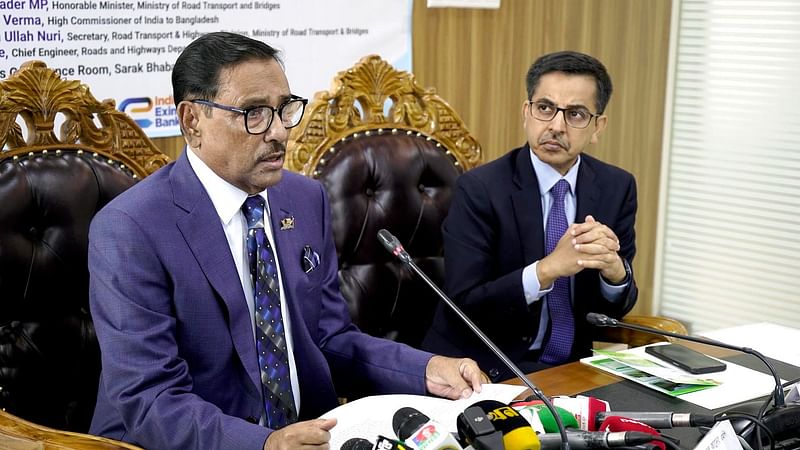 Road transport and bridges minister Obaidul Quader along with Indian high commissioner to Bangladesh Pranay Verma speaks to the media on 24 May, 2023.