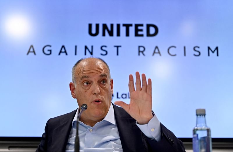 The president of La Liga Javier Tebas gestures as he gives a press conference in Madrid on 25 May 2023 amid an international outcry after racist abuse was hurled at Real Madrid's Brazilian forward Vinicius Junior during a La Liga match