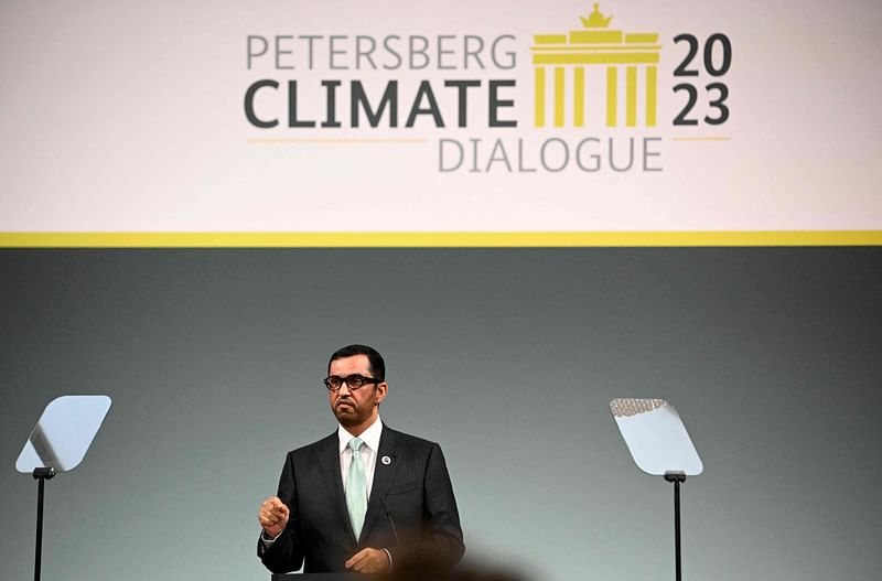 The Minister of Industry and Advanced Technology in the United Arab Emirates (UAE) and COP28 UAE President-Designate Sultan Al Jaber speaks at the start of the Petersberg Climate Dialogue (Petersberger Klimadialog), a conference that focuses on laying the groundwork for the COP28 Climate Change Conference in the United Arab Emirates, on 2nd May, 2023 at the Foreign Office in Berlin.