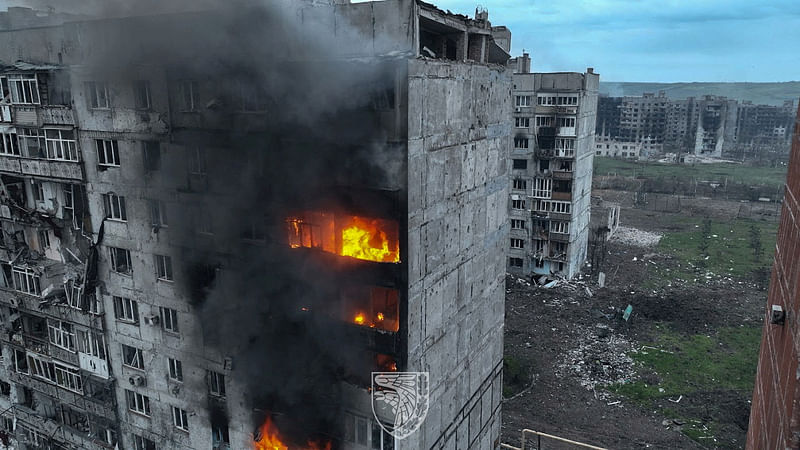 An aerial view shows destructions in the frontline city of Bakhmut, amid Russia's attack on Ukraine, in Donetsk region, Ukraine, in this handout picture released on May 21, 2023