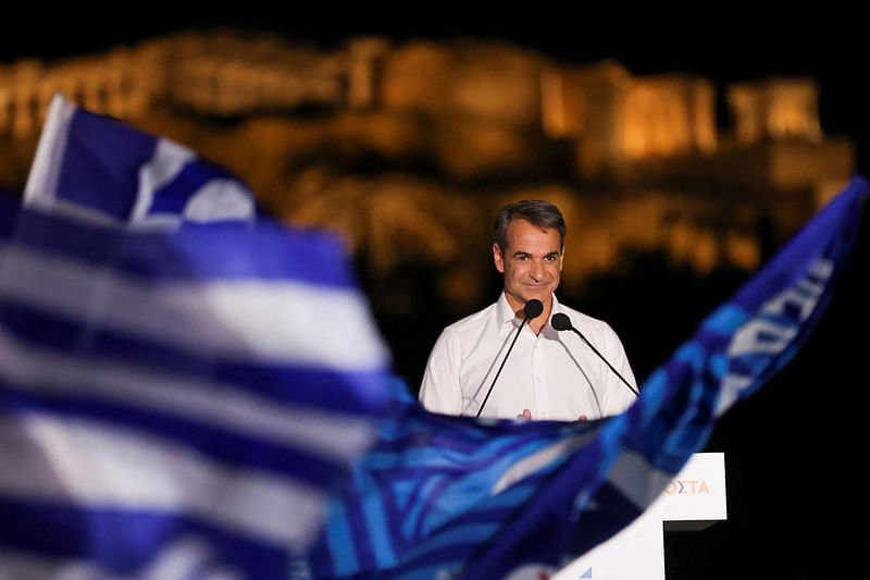 Greek Prime Minister and leader of the conservative New Democracy ruling party Kyriakos Mitsotakis addresses supporters during a pre-election rally in Athens, Greece, May 19, 2023.