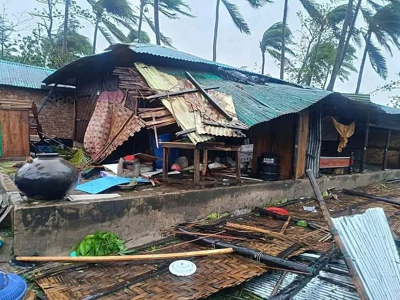 Damaged house at the onslaught of very severe cyclonic storm Mocha. He photo is taken on 14 May, 2023