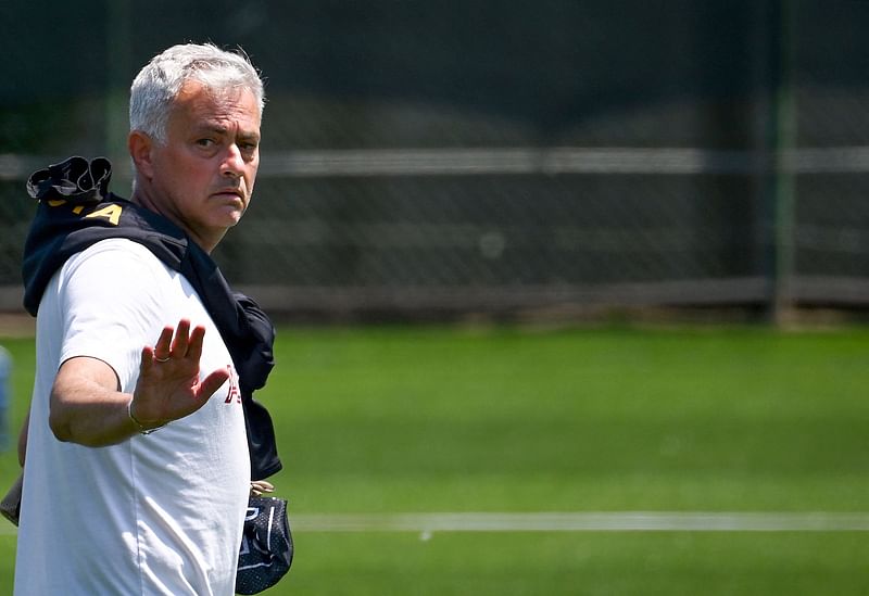 AS Roma Portugese coach Jose Mourinho waves as he supervises a training session at AS Roma's training ground in Trigoria, at the outskirts of Rome on the eve of the UEFA Europa League final with Sevilla in Budapest on 30 May 2023