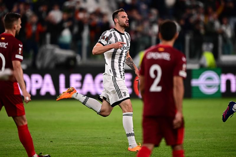 Juventus’ Italian defender Federico Gatti celebrates after scoring an equalizer during the UEFA Europa League semi-final first leg football match between Juventus and Sevilla on 11 May, 2023 at the Juventus stadium in Turin