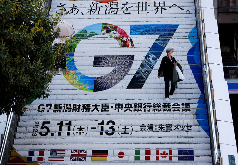 The logo of the G7 Finance Ministers and Central Bank Governors' meeting is displayed at Niigata station, ahead of the meeting, in Niigata, Japan, May 10, 2023