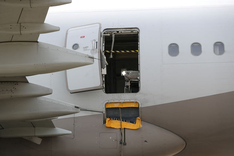 Asiana Airlines' Airbus A321 plane, of which a passenger opened a door on a flight shortly before the aircraft landed, is pictured at an airport in Daegu, South Korea 26 May 2023.