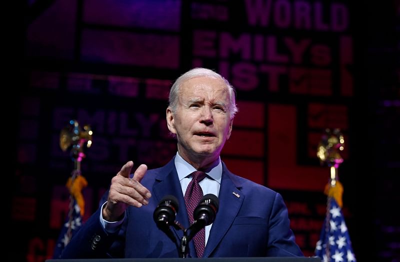 US President Joe Biden speaks onstage during Emily's List annual We Are Emily National Gala at The Anthem in Washington, DC, May 16, 2023