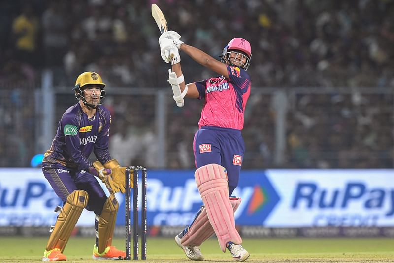 Rajasthan Royals' Yashasvi Jaiswal plays a shot during the Indian Premier League match between Kolkata Knight Riders and Rajasthan Royals at the Eden Gardens Stadium in Kolkata on 11 May 2023