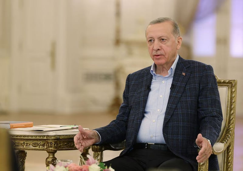 Turkey's President Tayyip Erdogan speaks during a joint live broadcast of Turkish TV channels in Ankara, Turkey 30 April, 2023.