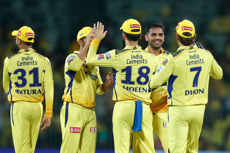 Chennai Super Kings' Deepak Chahar celebrates after taking a wicket during their IPL match against Delhi Capitals on Wednesday