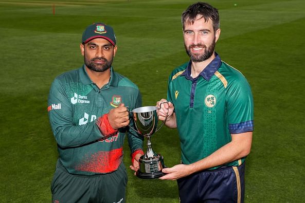 Bangladesh ODI captain Tamim Iqbal and Ireland captain Andy Balbirnie pose with the ODI series trophy