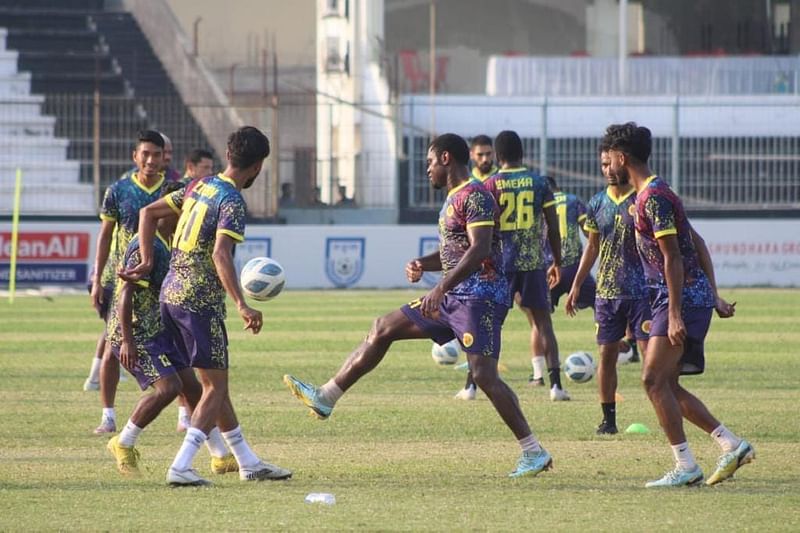 Abahani Limited players busy in training in Comilla ahead of the Federation Cup final against Mohammedan SC