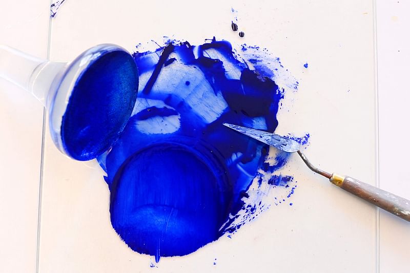 A photograph shows smashed Lapis Lazuli blue pigment at the Rijksmuseum's drawing school in Amsterdam on 6 April, 2023, as part of an explanation focused on the way paint was made in the 17th century including by Dutch Masters such as Rembrandt and Vermeer.