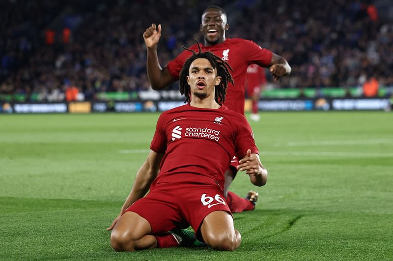 Liverpool's English defender Trent Alexander-Arnold celebrates after scoring his team third goal during the English Premier League match between Leicester City and Liverpool at King Power Stadium in Leicester, central England on 15 May 2023