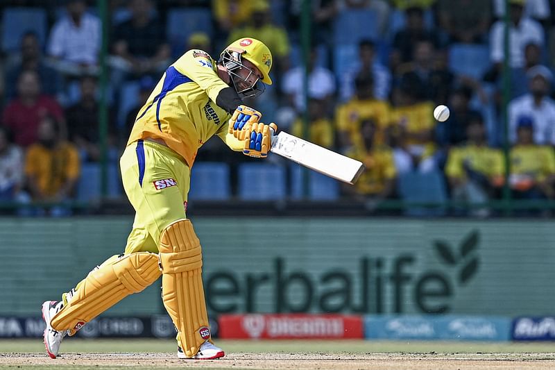 Chennai Super Kings' Devon Conway plays a shot during the Indian Premier League (IPL) Twenty20 cricket match between Delhi Capitals and Chennai Super Kings at the Arun Jaitley Stadium in New Delhi on 20 May, 2023