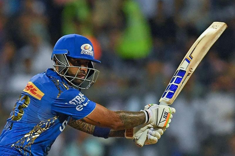 Mumbai Indians' Suryakumar Yadav plays a shot during the Indian Premier League match between Mumbai Indians and Royal Challengers Bangalore at the Wankhede Stadium in Mumbai on 9 May 2023