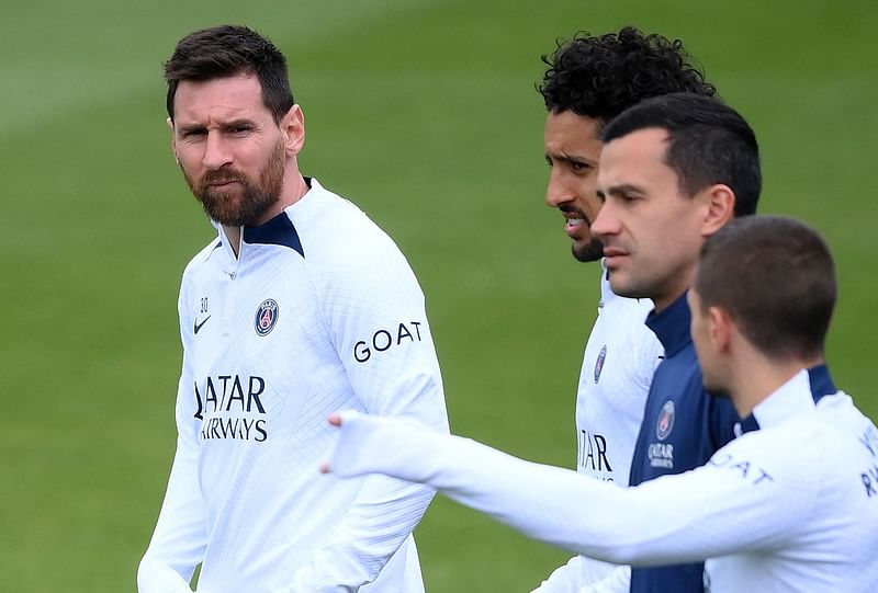 Paris Saint-Germain's Argentine forward Lionel Messi looks on during a training session in Saint-Germain-en-Laye, in the north-western outskirts of Paris, on 12 May 2023, on the eve of the L1 football match against Ajaccio