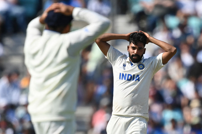 India's Mohammed Siraj reacts during play on day 3 of the ICC World Test Championship final match between Australia and India at The Oval in London on 9 June 2023