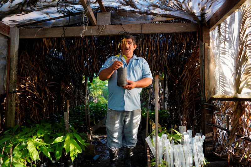 Wilson Guerra, a farmer who used to sell chainsaws to illegal loggers, holds a plant to be planted on his land after non-profit group Rioterra raised his awareness about human impact on the Amazon, in Itapua do Oeste, Rondonia state, Brazil on 17 February, 2020