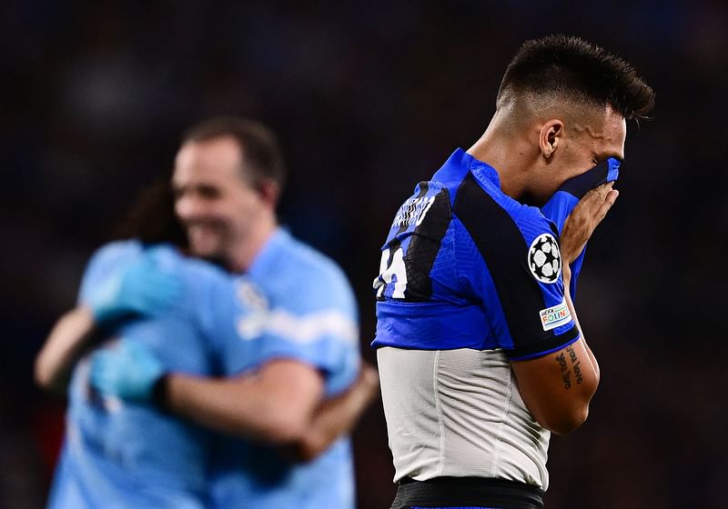 Inter Milan's Argentinian forward Lautaro Martinez reacts to their defeat in the UEFA Champions League final against Manchester City at the Ataturk Olympic Stadium in Istanbul on 10 June 2023