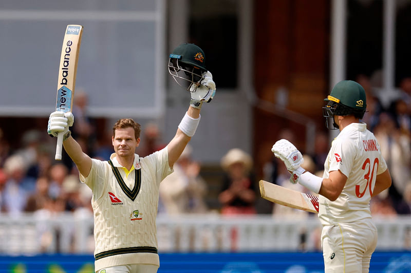 Australia’s Steven Smith celebrates after reaching his century in the Second Ashes Test against England at Lords, London, Britain on 29 June, 2023