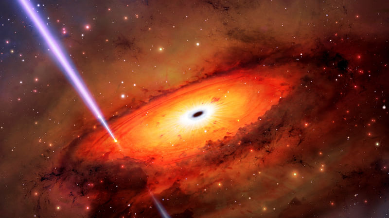 An artist's impression shows an immensely energetic explosion called a gamma ray burst. Astronomers studying a powerful gamma-ray burst (GRB) with the International Gemini Observatory, operated by NSF's NOIRLab, may have observed the collision of stars or stellar remnants in the jam-packed environment surrounding a supermassive black hole at the core of an ancient galaxy.