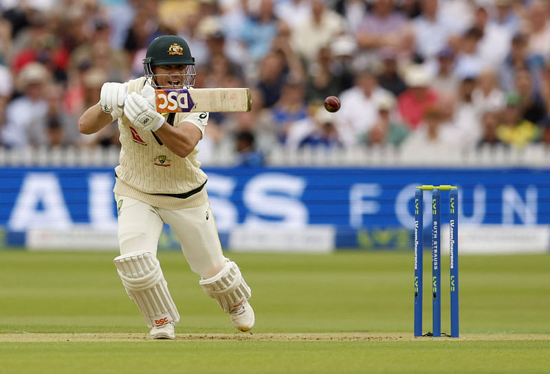 Australia's David Warner in action during the 1st day of the 2nd Ashes Test match at the Lord's Cricket Ground, London, Britain on 28 June, 2023