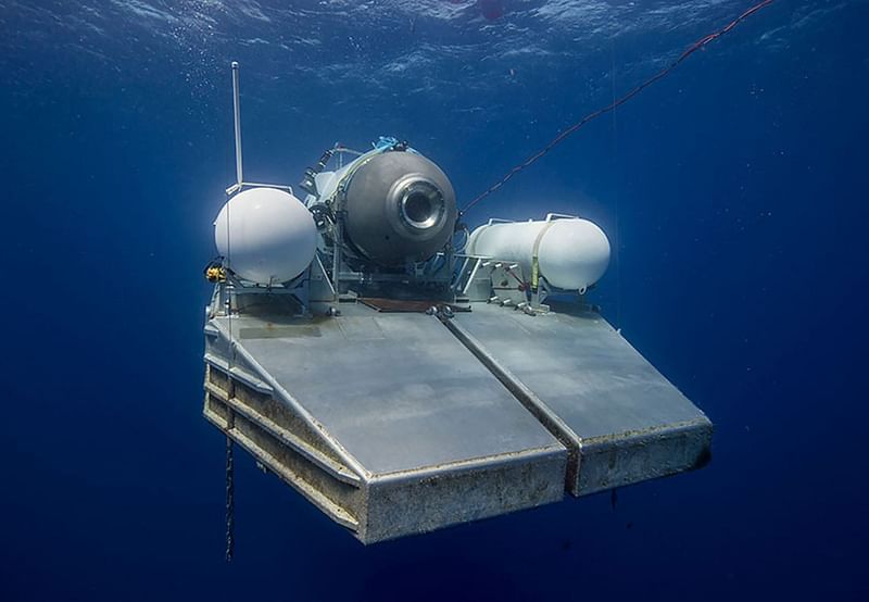 This undated image courtesy of OceanGate Expeditions, shows their Titan submersible on a platform awaiting signal to dive. Rescue teams expanded their search underwater on June 20, 2023, as they raced against time to find a Titan deep-diving tourist submersible that went missing near the wreck of the Titanic with five people on board and limited oxygen